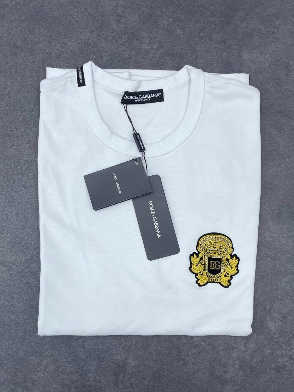 Dolce & Gabbana Men’s White Gold Crest Logo T-Shirt- Size 46 (Small)